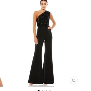 NWOT Ieena for Mac Duggal black sequin top satin pant jumpsuit